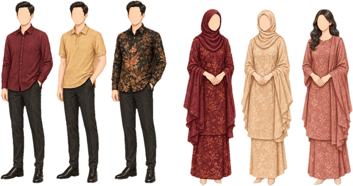Contoh gaya pakaian tema majlis — kemeja, baju batik, dan baju kurung dalam warna maroon, gold serta champagne